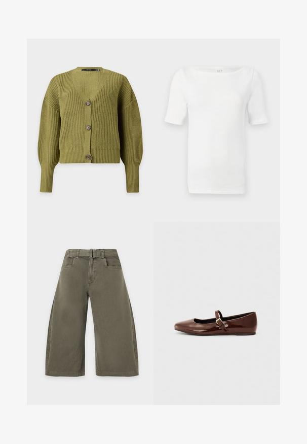 Cardigan tricoté vert olive avec manches longues, col en V et trois boutons marron sur le devant.; Haut en maille blanc à manches courtes avec encolure bateau, silhouette ajustée et tissu doux de la marque GAP.; Pantalon court ample vert olive avec poches devant et ceinture en tissu assortie à la taille.; Ballerine en cuir verni marron avec un bout carré et une lanière ornée d'une petite boucle dorée. Texture lisse, talon bas et design minimaliste.