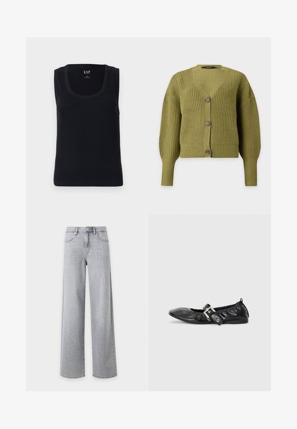 Olivengrøn strikket cardigan med lange ærmer, V-udskæring og tre brune knapper foran.; Sort ribbet tanktop med rund halsudskæring, ærmeløs design og tætsiddende silhuet. Mærket er vist i den øverste midte.; Lysegrå vid jeans med frontknap, lynlås og forlommer på hvid baggrund.; Sorte læder flade sko med spids tå, samling detaljer omkring åbningen, og en sølv spænde accent på den justerbare rem.
