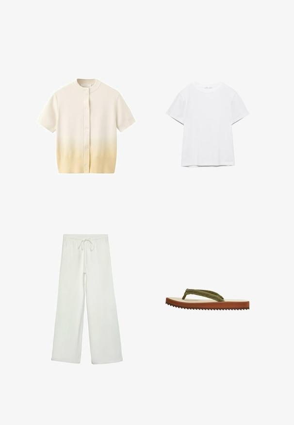 Cardigan boutonné à manches courtes en crème avec un dégradé subtil vers le beige au niveau de l'ourlet, avec un col rond et des poignets côtelés.; T-shirt blanc uni à manches courtes et col rond, avec un ourlet droit, présenté sur un fond blanc.; Pantalons larges blancs en tissu doux. Dotés d'une taille élastique avec cordon de serrage et d'une texture lisse. Aucuns motifs visibles ni éléments en métal.; Tongs simples avec semelle intérieure beige, semelle extérieure marron cannelée, et brides tressées en tissu vert olive sur fond blanc.