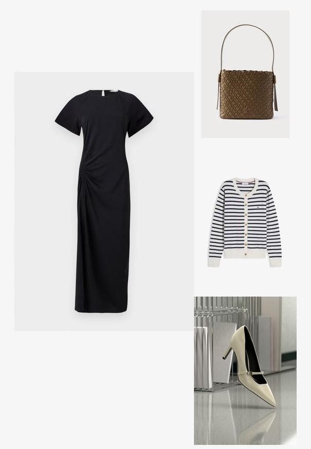 Weißer Cardigan mit horizontalen navy-blauen Streifen, goldenen Knöpfen vorne, Rundhalsausschnitt und kleinem Tommy Hilfiger Logo auf der Brust.; Schwarzes, langes Kleid mit kurzen Ärmeln, seitlichem Raffen und einem Schlüssel-Loch-Ausschnitt im Rücken. Hergestellt aus weichem Stoff mit einer glatten Textur.; Cremefarbener High-Heel mit einem dünnen Riemen, auf einem reflektierenden Boden nahe einem Metall-Aktenorganizer mit Papieren platziert.; Braune, gewebte Handtasche mit strukturierter Form, flachem Boden und einem einzelnen, geschwungenen Schulterriemen. Verfügt über ein Metalllogo auf der Vorderseite.