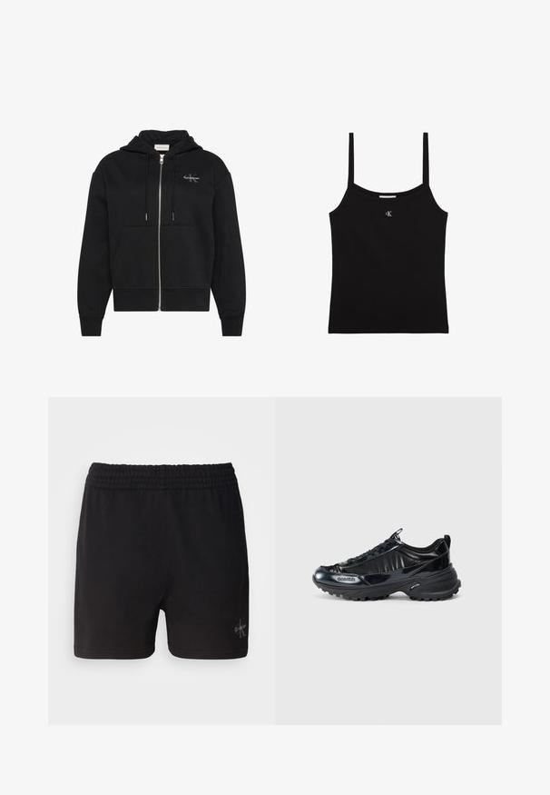 Schwarzer Kapuzenpullover mit Reißverschluss, Fronttaschen, Kordelzug und kleinem Calvin Klein Logo auf der linken Brust.; Schwarzes kurzes Tanktop mit dünnen Schulterträgern und einem kleinen silbernen CK-Logo, zentriert unterhalb des Halsausschnitts.; Schwarze Baumwollshorts mit einem elastischen Bund und Calvin Klein-Logo in Silber in der unteren rechten Ecke. Glatte Textur.; Schwarze, glänzende Sneakers mit einem geschwungenen Oberdesign, strukturierten Gummisohlen und Schnürverschluss. Mit Branding an der Seite und einer Zuglasche hinten.