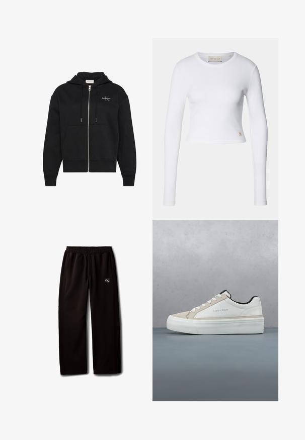 Sudadera negra con capucha y cremallera, con bolsillos delanteros, cordones y pequeño logo de Calvin Klein en el pecho izquierdo.; Top corto de manga larga blanco hecho de tela acanalada. Presenta un escote redondo y una pequeña etiqueta de logo en la parte inferior izquierda.; Pantalones negros de pierna ancha con cintura elástica y bolsillos laterales, con un pequeño parche con el logo de Calvin Klein en el muslo derecho.; Zapatilla blanca de Calvin Klein con forro interior negro y cordones blancos flotando sobre una superficie exterior de madera con baldosas y grava.