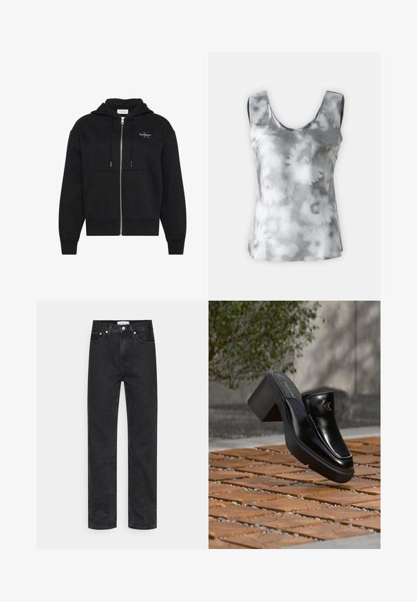 Čierna mikina na zips s kapucňou, prednými vreckami, tkaničkami a malým logom Calvin Klein na ľavej strane hrude.; Halinová blúzka bez rukávov v šedej a bielej kvetinovej vzore, vyrobená z hladkej látky s okrúhlym výstrihom a minimalistickým dizajnom.; Čierne denimové džínsy s rovnými nohavicami, s gombíkovým zapínaním, piatimi vreckami a minimálnymi švovými detailami. Materiál bohatý na bavlnu.; Čierne kožené šľapky Calvin Klein s blokovým podpätkom, ktoré oddychujú na drevených dlaždiciach vonku blízko zelenej rastliny a šedej steny.