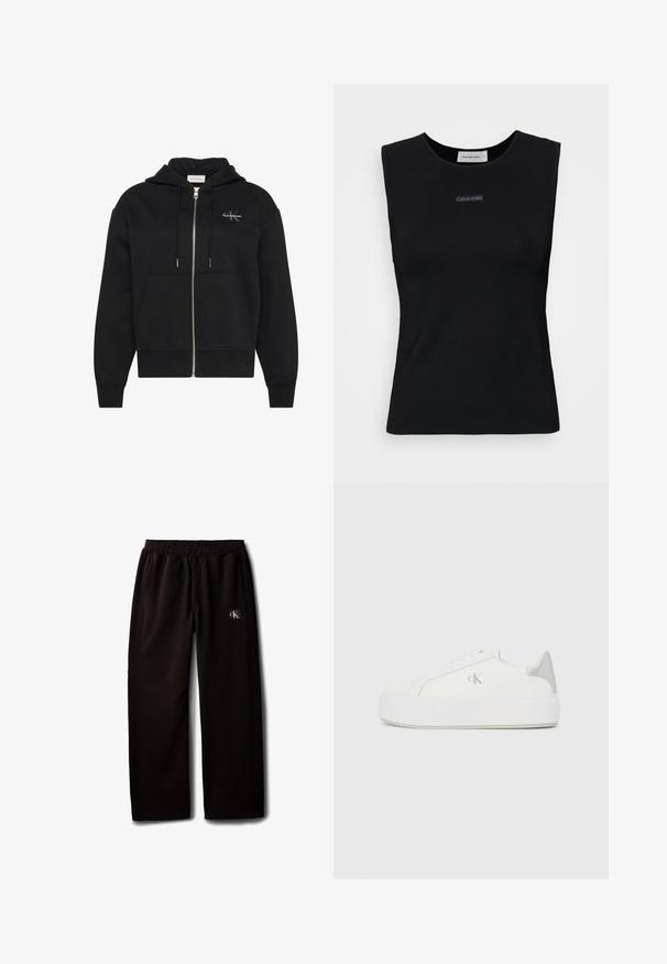Sort hættetrøje med lynlås, frontlommer, snøre og lille Calvin Klein-logo på venstre bryst.; Sort ærmeløs top lavet af glat stof. Har en rund halsudskæring og et lille Calvin Klein-logo i midten. Simpelt og tætsiddende design.; Sorte vidde bukser med elastisk taljebånd og sidelommer, med en lille Calvin Klein-logo patch på højre lår.; Hvide lærredssneakers med en tyk hvid sål, prydet med en metallic sølvaccent på hælen og en diskret logo-detalje på siden.