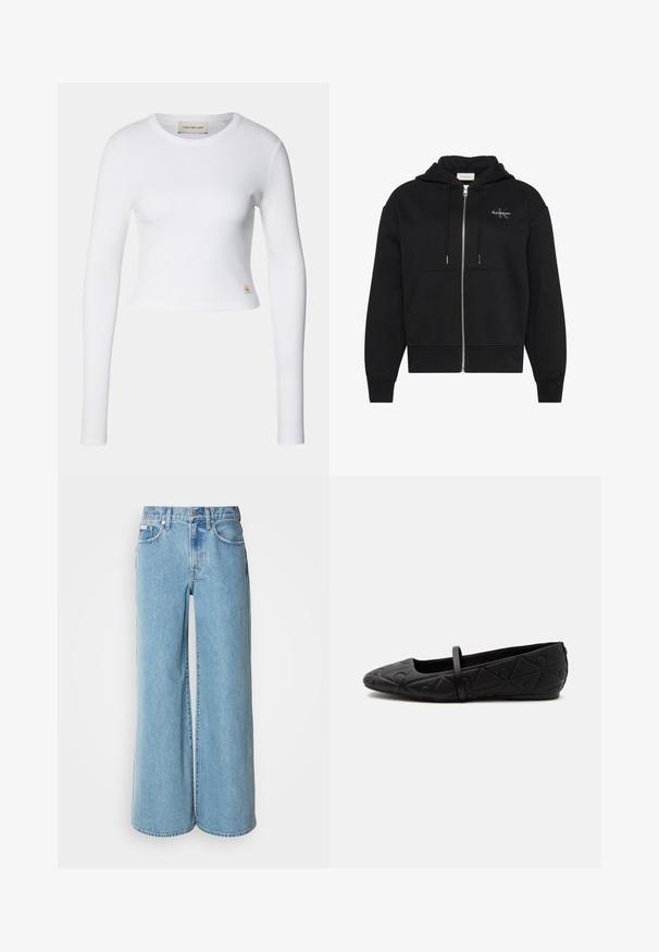Sudadera negra con capucha y cremallera, con bolsillos delanteros, cordones y pequeño logo de Calvin Klein en el pecho izquierdo.; Top corto de manga larga blanco hecho de tela acanalada. Presenta un escote redondo y una pequeña etiqueta de logo en la parte inferior izquierda.; Jeans de mezclilla de corte ancho en un tono azul claro, con cintura alta, diseño de cinco bolsillos y un ligero desgastado en la tela.; Zapato plano negro con punta redondeada, patrón geométrico en relieve y una sola tira fina en la parte superior, mostrado en perfil lateral.