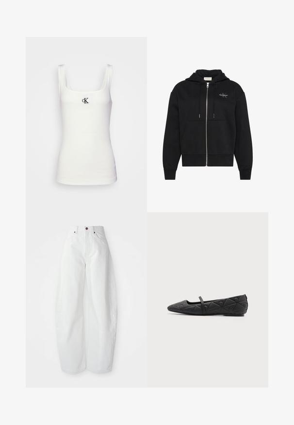 Sort hættetrøje med lynlås, frontlommer, snøre og lille Calvin Klein-logo på venstre bryst.; Hvid bomulds tanktop med firkantet udskæring og smalle stropper. Har et lille sort broderet CK-logo på forsiden.; Højtaljede hvide denimbukser med løs pasform. Har en knaplukning, sidelommer og et minimalistisk design. Glat tekstur.; Sort flad sko med spids tå, quiltede geometriske mønstre og en tynd rem over vristen på en ensfarvet baggrund.