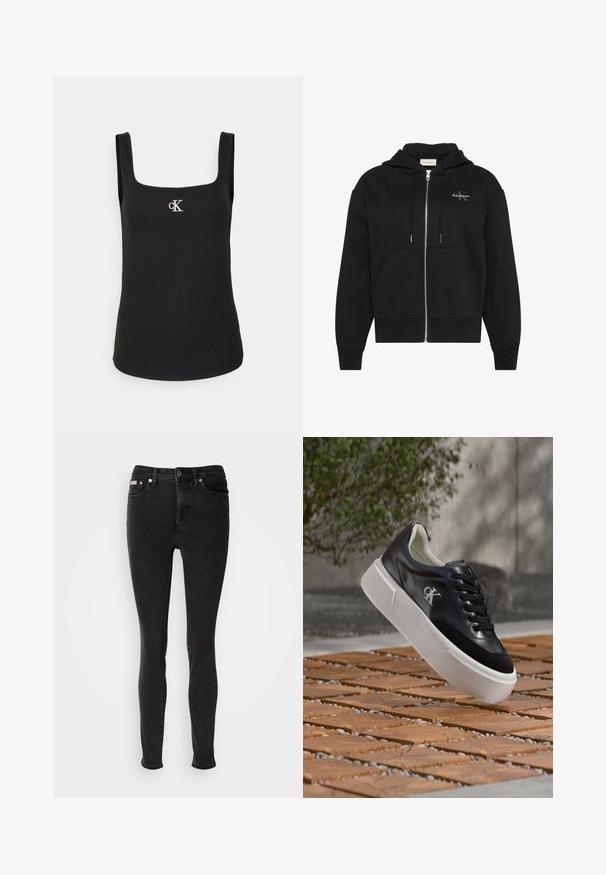 Sort hættetrøje med lynlås, frontlommer, snøre og lille Calvin Klein-logo på venstre bryst.; Sort ærmeløs ribbet tanktop med firkantet halsudskæring og lille hvidt CK-logo midt på brystet.; Sorte skinny jeans lavet af denim med en glat tekstur, der har fem-lomme-design, bæltestropper og lukning med metalknap.; Sort lædersneaker med hvid tyk sål og CK-logo, svævende over mønstrede træfliser udendørs nær grøntområde og betonvæg.