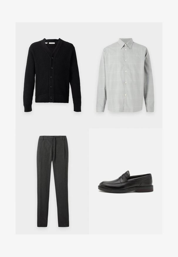 Cardigan negro de punto con un patrón texturizado, escote en V y seis botones frontales. Los puños y el dobladillo acanalados realzan el diseño general.; Camisa de manga larga gris con un ligero patrón de cuadros, diseño con botones en la parte delantera, cuello de punta y textura de tela suave.; Pantalones gris oscuro con una tela texturizada, diseño de pierna recta, pliegues frontales y una cintura con cordón. Sin bolsillos ni acentos visibles.; Mocasines de cuero negro con detalle de costura en la puntera, dos correas horizontales en la parte superior y un tacón de madera. Textura suave y forma redondeada.