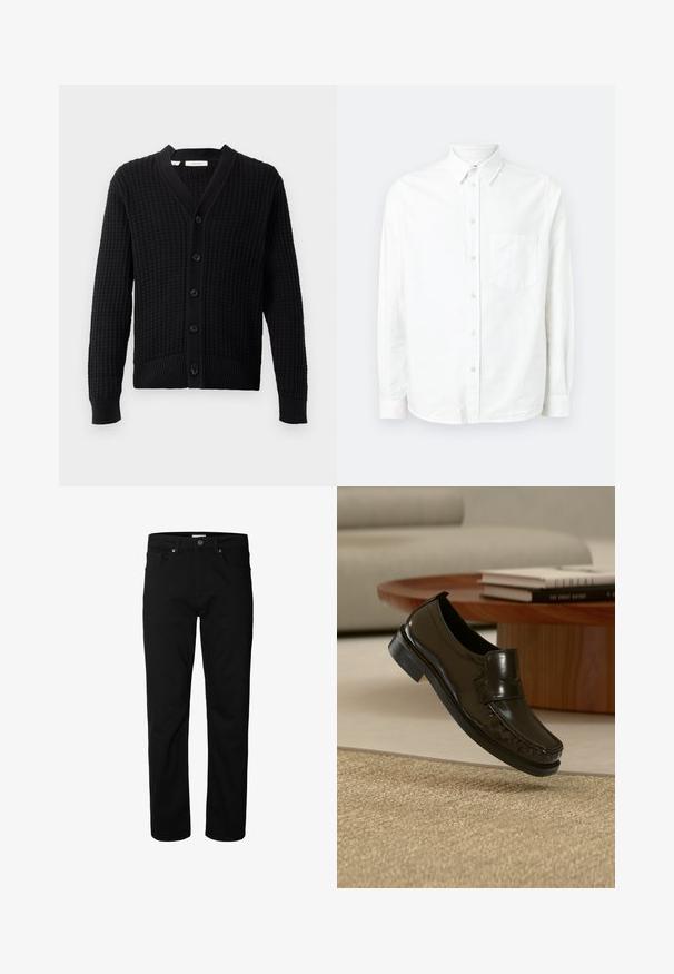Cardigan negro de punto con un patrón texturizado, escote en V y seis botones frontales. Los puños y el dobladillo acanalados realzan el diseño general.; Camisa blanca de manga larga y botones, hecha de una tela ligera. Presenta un bolsillo frontal, cuello clásico y una textura sutil.; Vaqueros negros de corte recto con cierre de botón y cremallera, pasadores para cinturón y bolsillos delanteros y traseros, mostrados sobre un fondo blanco liso.; Zapato mocasín negro de cuero sin cordones levitando sobre una alfombra beige tejida con una mesa de café de madera y libros al fondo.