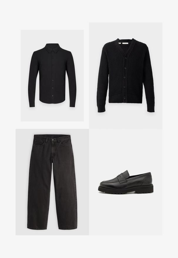 Cardigan noir en tricot avec un motif texturé, col en V et six boutons sur le devant. Les poignets et l'ourlet côtelés rehaussent le design global.; Chemise noire à manches longues en tissu doux, avec un devant boutonné, un col classique et des poignets boutonnés. Texture lisse sans motifs.; Jean denim noir à coupe droite, cinq poches et passants pour ceinture, présenté à plat sur un fond clair uni.; Mocassin en cuir noir avec un bout rond, des détails cousus, et une semelle épaisse et texturée. Présente un design élégant et minimaliste.
