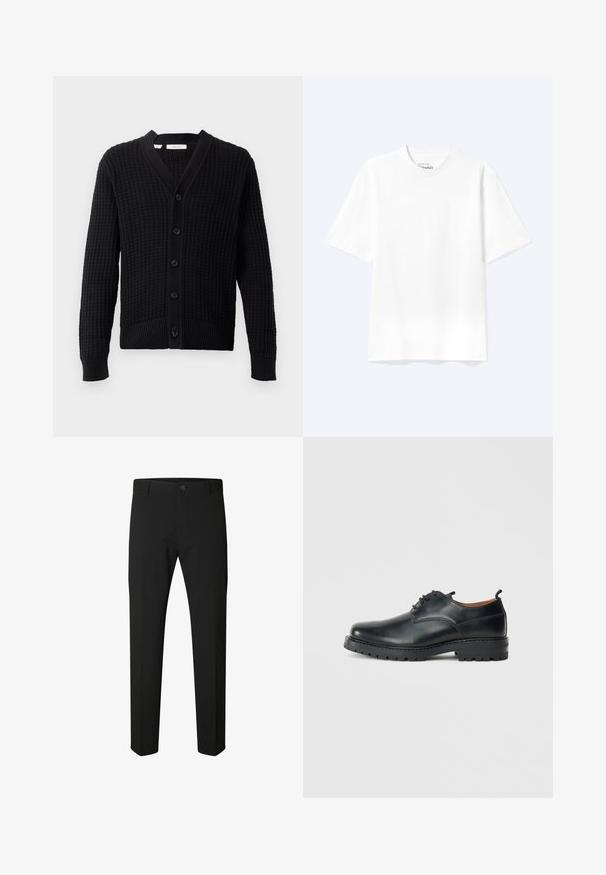 Cardigan negro de punto con un patrón texturizado, escote en V y seis botones frontales. Los puños y el dobladillo acanalados realzan el diseño general.; Camiseta lisa blanca de manga corta y cuello redondo con un corte relajado, mostrada sobre un fondo claro.; Pantalones negros de corte ajustado con cierre de botón y cremallera, trabillas para cinturón y piernas rectas sobre fondo blanco.; Zapatos derby de cuero negro con una textura suave, punta redondeada, diseño de cordones y una suela de goma gruesa y resistente.