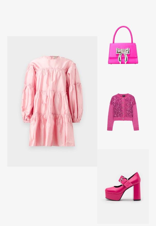 Pink gestrickter Langarm-Cardigan mit silbernen Knöpfen und glänzenden pinken Pailletten, die Vorderseite und Schultern bedecken.; Rosenrotes Satin-Kleid mit langen Puffärmeln, gerafften Schichten und elastischen Akzenten. Verfügt über einen runden Ausschnitt und einen Reißverschluss auf der Rückseite.; LAMODA FORGET ME PLATFORM - High Heel Pumps - fuchsia; Rosa Handtasche mit glatter Textur, versehen mit einem silbernen, herzförmigen Schleifenakzent und einer strukturierten rechteckigen Form. Ausziehbarer Griff.