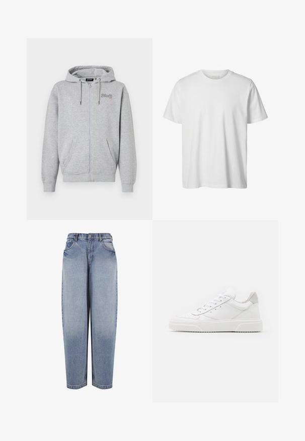Sudadera gris con cremallera, hecha de una mezcla de algodón. Cuenta con capucha con cordones, dos bolsillos y un bordado de logo en el frente. Textura suave.; Camiseta blanca lisa de manga corta con cuello redondo, corte holgado y sin logos o diseños visibles en el frente.; Vaqueros azules de mezclilla de tiro alto y corte holgado, con bolsillos delanteros, trabillas para cinturón, cierre de botones y detalles desgastados a lo largo de las piernas.; Zapatillas de cuero blanca con un acabado suave, punta redondeada, cordones planos y una suela texturada. Acento de ante gris en el talón.