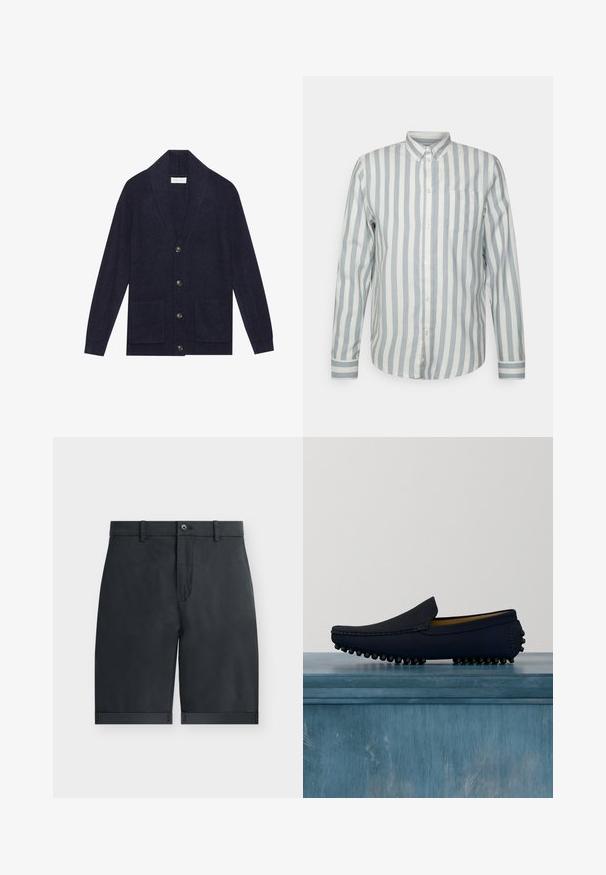 Mørkeblå strikket cardigan med sjalkrave, fem knapper og to forlommer. Har ribbet tekstur og lange ærmer.; Knapp-up skjorte i lyseblå og off-white striber. Har en klassisk krave, lange ærmer og en brystlomme. Blødt stof, afslappet pasform.; Sorte knælange shorts med opsmøgede kanter, knaplukning, bæltestropper og flad frontdesign på en ensfarvet hvid baggrund.; Marineblå mokkasin loafers med sorte gummigreb på sålen, tan indvendigt, svævende over et lys gråt gulv med sløret glas og planter i baggrunden.