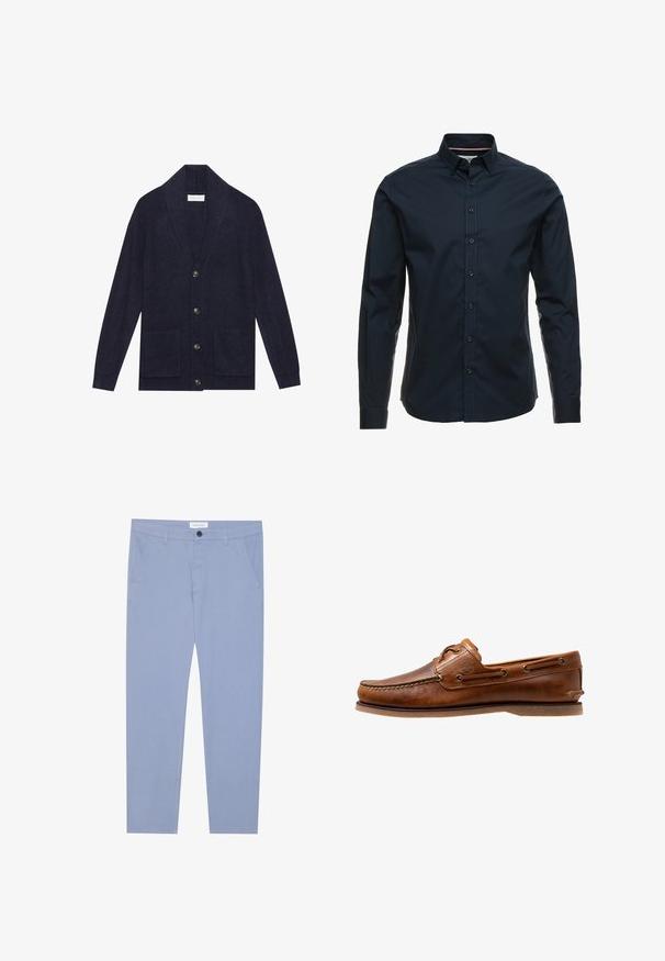 Navy gestrickte Strickjacke mit Schalkragen, fünf Knöpfen und zwei vorderen Taschen. Hat eine gerippte Textur und lange Ärmel.; Navyblaues Langarmshirt aus Baumwolle mit Knopfleiste, spitzem Kragen und Kontrastnähten. Verfügt über eine reguläre Passform und ein elegantes Design.; Himmelblaue Chinos aus weichem Stoff, ausgestattet mit zwei Fronttaschen und einem Knopfverschluss. Gerade geschnittenes Design mit klaren Linien.; Braune Lederbootsschuhe mit gesteppten Akzenten, metallischen Ösen, einer erhöhten Naht an der Zehe und einer flachen Gummisohle.