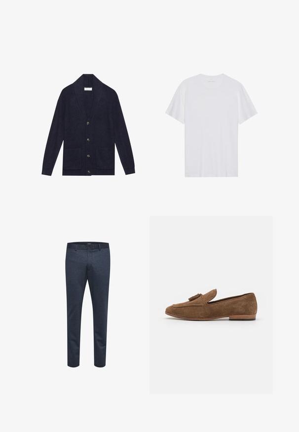 Mørkeblå strikket cardigan med sjalkrave, fem knapper og to forlommer. Har ribbet tekstur og lange ærmer.; Hvid bomulds T-shirt med korte ærmer, rund hals og en glat tekstur. Har minimal branding på halsudskæringen.; Marineblå bukser lavet af struktureret stof med slim fit, med knaplukning og bæltestropper, velegnede til afslappet eller formelt brug.; Brune mokkasiner i ruskind med frynseaccent, lav profil, rund tå og en tekstureret overflade, sat på en træstabelhæl.