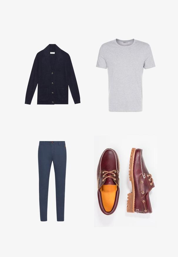 Cárdigan de punto azul marino con cuello de chal, cinco botones y dos bolsillos frontales. Presenta textura acanalada y mangas largas.; Camiseta de algodón gris con cuello redondo, mangas cortas y un diseño liso, que presenta una textura suave y lisa, sin patrones ni adornos visibles.; Pantalones de algodón azul marino con corte slim, con un botón marrón, bolsillos frontales y costuras simples. Textura suave, sin patrones visibles.; Zapatos de cuero burdeos con suelas de goma marrón, puntera redonda, costuras blancas y ojales dorados. El interior cuenta con un forro amarillo.