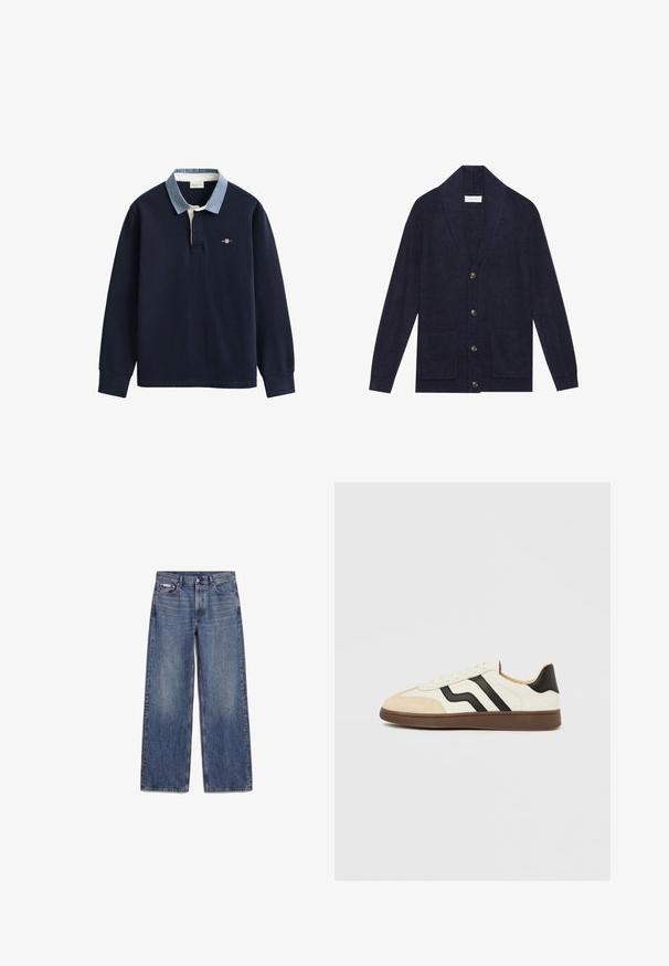 Mørkeblå strikket cardigan med sjalkrave, fem knapper og to forlommer. Har ribbet tekstur og lange ærmer.; Langærmet marineblå rugbytrøje med lyseblå krave, knapstolpe og et lille broderet GANT-logo på brystet.; Blå straight-leg denimjeans med frontlommer, bæltestropper og knaplukning, lagt fladt på en hvid baggrund.; Hvid læder sneakers med sorte striber og tan ruskind tækkappe. Gummisål i mørkebrun. Snørebånd og polstret krave fuldender designet.