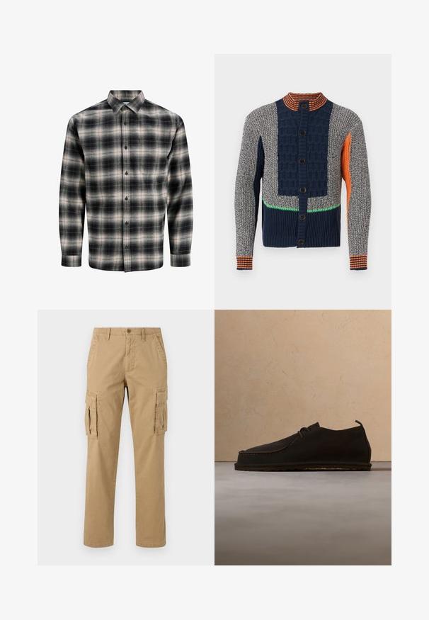 Knappet cardigan med blandede strikmønstre i marineblå, grå, orange og en grøn stribe, med høj ribbet krave og lange ærmer.; Sort og creme ternet skjorte lavet af vævet stof. Har lange ærmer, en spids krave og knaplukning foran med en brystlomme.; Beige cargobukser med to sidelommer, knaplukning, lige ben og et blødt, tekstureret stof.; Mørkebrun casual lædersko med snørebånd, placeret oprejst på tæppe foran beige sofa.