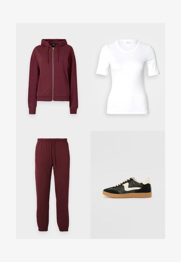 Bordeaux rode hoodie met ritssluiting, capuchon met trekkoord, geribbelde boorden en twee voorzakken. Gemaakt van zachte stof met een gladde textuur.; Wit T-shirt met korte mouwen van glad katoen, met een ronde halslijn en een aangesloten pasvorm. Klassiek ontwerp, zonder patronen of accenten.; Bordeaux joggerbroeken met elastische tailleband, trekkoord, zijzakken en elastische boorden op een effen witte achtergrond.; Zwarte suède en leren sneaker met een crèmekleurige zij-swoosh en lichte crèmekleurige hiel. Voorzien van beige veters en een gumrubberen zool.