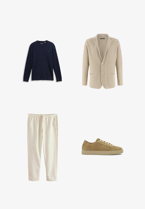 Beige strikket blazer med to knapper foran, hakkede revers og to påsyede lommer, vist på hvid baggrund.; Marine langærmet T-shirt lavet af blødt bomuld, med rund halsudskæring, syede kanter og et lille broderet logo på brystet.; Beige casual bukser med elastisk linning, snøre foran, sidelommer og rette ben på hvid baggrund.; Beige ruskinds sneakers med lav profil, har flade snørebånd, rundt tå og en holdbar gummisål. Subtile syninger fremhæver designet.