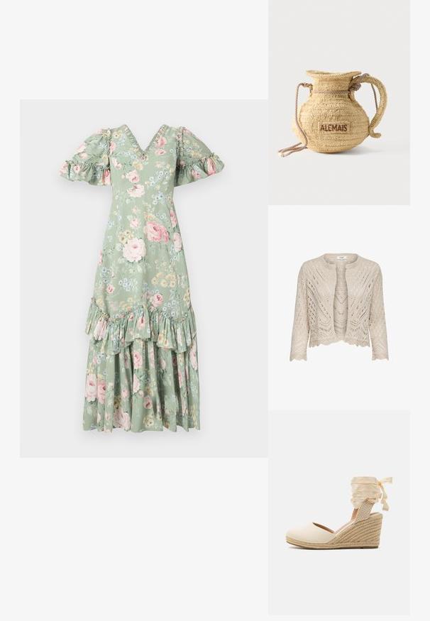 Cardigan en tricot de couleur beige clair avec des motifs ajourés, un col rond, un ourlet en dentelle et des manches trois-quarts.; Robe maxi florale en vert doux avec un décolleté en V, des manches bouffantes, des accents en volants et un ourlet à plusieurs niveaux. Présente des roses roses et de petites fleurs bleues.; Escarpin compensé beige avec tige en toile, bout ouvert et lacets en ruban doux. Compensé en jute texturé avec un motif tressé.; Sac à main rond en paille tissée avec une anse en corde et "ALEMAIS" brodé sur le côté en fil marron.
