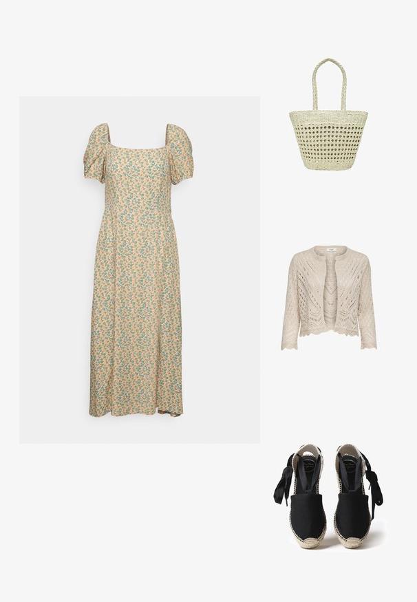 Cárdigan de punto en beige claro con patrones de calado, un cuello redondo, dobladillo en forma de concha y mangas de tres cuartos.; Even&Odd by Zalando Vestido informal - green/pink; Espadrilles de lona negra con suela de yute y bordes trenzados. Cintas del mismo tejido negro para un ajuste ajustable. Diseño de puntera cerrada.; Bolso tote de paja tejida color crema con patrón de tejido abierto y dos asas trenzadas que se extienden por encima del borde del bolso.