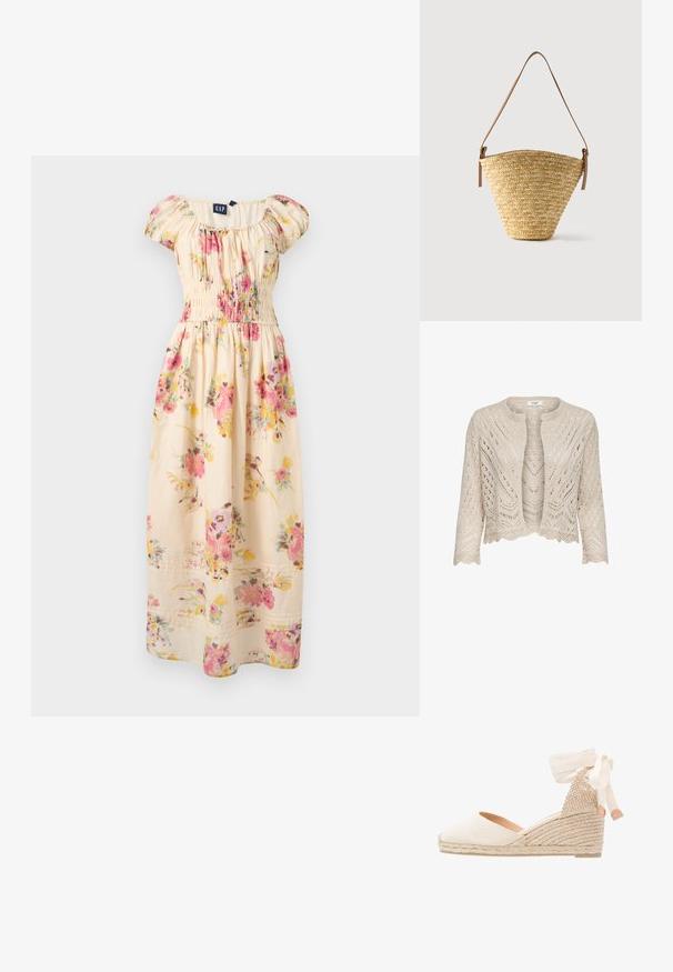 Cardigan en tricot de couleur beige clair avec des motifs ajourés, un col rond, un ourlet en dentelle et des manches trois-quarts.; Robe maxi à fleurs de couleur crème, épaules dénudées, avec des fleurs roses et jaunes, manches bouffantes et taille froncée de chez GAP.; Escarpin compensé en toile beige avec un dos texturé, un ruban de cheville crème et une semelle en jute tressé. Bout arrondi avec un léger talon.; Sac seau en paille tissée avec une base large, un sommet étroit et une bandoulière en cuir marron ajustable.