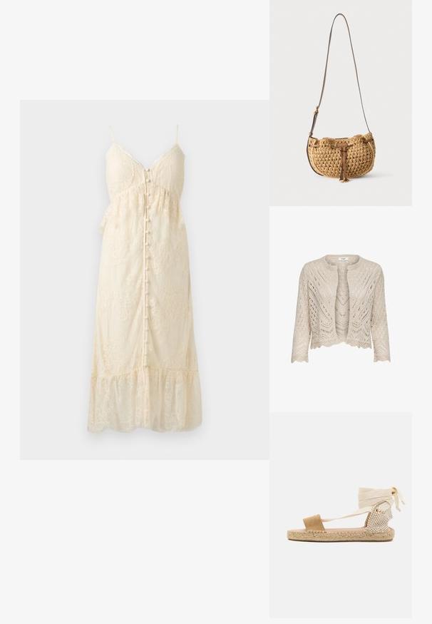 Cardigan en tricot de couleur beige clair avec des motifs ajourés, un col rond, un ourlet en dentelle et des manches trois-quarts.; Robe midi en dentelle crème avec fines bretelles, fermeture à boutons sur le devant, bustier près du corps et ourlet à volants sur un fond clair uni.; Anna Field by Zalando LEATHER - Espadrilles - beige; Petit sac d'épaule tressé beige avec bandoulière en cuir marron réglable et détail de lien en cuir à l'avant, suspendu sur fond blanc.