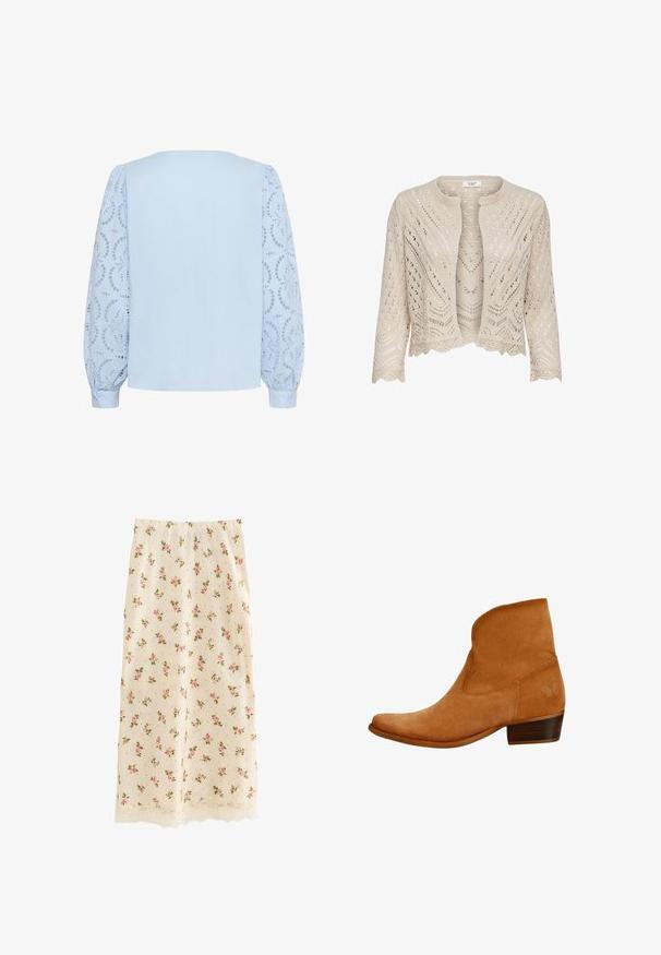 Strikket cardigan i lys beige med hulmønstre, rund halsudskæring, bølget kant og ¾ lange ærmer.; Lyseblå bluse med solid bagpanel og lange, puffede blondeærmer med cirkulære blomsterudskæringsmønstre og knapmanchetter.; Middellang nederdel i cremefarve med mønster af pink roser og blonder langs kanten, lige pasform og glat tekstur.; Suedes brown ankelstøvle med en buet top, spids tå og lav træhæl; har diskret præget detalje på siden.