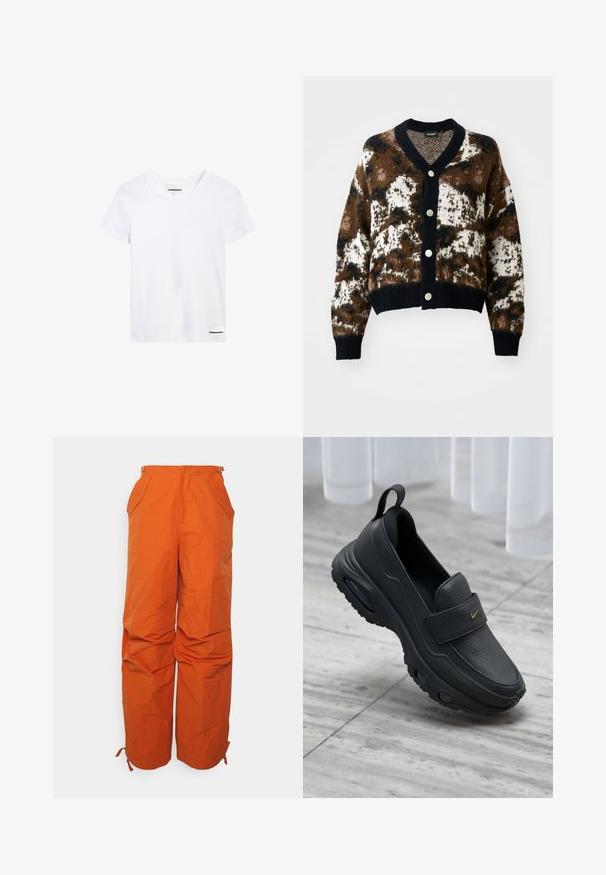 Gebreid vest in bruin, crème en zwart met een geometrisch patroon. Voorzien van een V-hals, knopen aan de voorkant en geribde manchetten en zoom.; Witte katoenen t-shirt met korte mouwen, een ronde halslijn en een klein zwart logo label aan de onderzijde links. Soepele textuur, standaard pasvorm.; WRSTBHVR ZERA PANTS EXCLUSIVE WOMEN - Broek - brown; Zwarte lederen instapschoen met een platte zool, een gestructureerde afwerking, een gevoerde bovenzijde en een gouden logo-accent. Ontworpen voor comfort en gemakkelijke draagbaarheid.