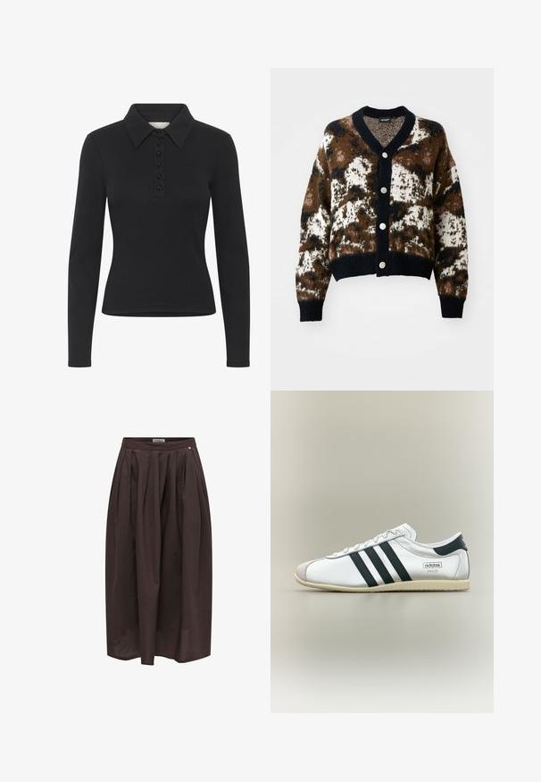 Striktrøje i brun, creme og sort med et geometrisk mønster. Har en V-hals, frontknapper samt ribbede manchetter og kant.; Sort langærmet polo-shirt med ribbet struktur, knaplukning og et subtilt logo. Har en klassisk krave-design.; Mørkebrun midi-nederdel med plisseringer, høj talje og en lille guldknap nær linningen.; Hvid Adidas Paris sneaker med sorte striber, beige sål og ruskindstipp, vist fra siden på en neutral baggrund.