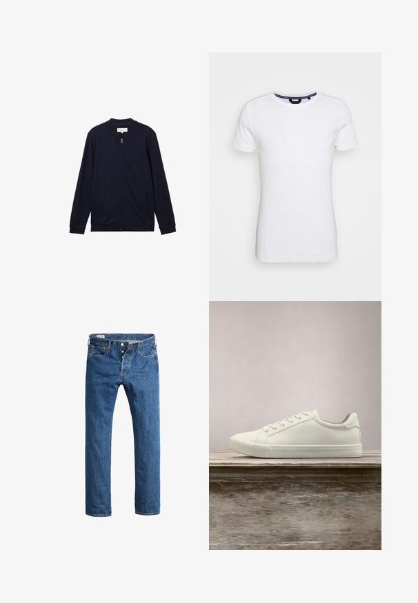 TOM TAILOR DENIM Sweater met rits - sky captain blue; Lindbergh T-shirt basic - white; Blauwe denim jeans met een recht gesneden ontwerp, voorzien van een sluiting met knopen aan de voorkant, riemlussen en klassieke vijf-pocket styling.; Witte vetersneaker die boven een houten bank zweeft met groene bladeren op de achtergrond, waarbij het ontwerp en de textuur van de schoen worden getoond.