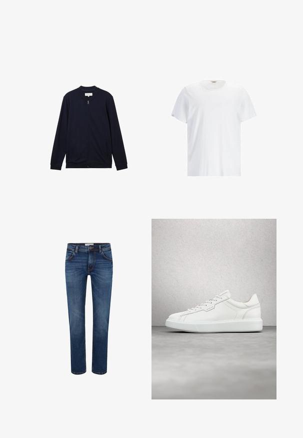 TOM TAILOR DENIM Sudadera con cremallera - sky captain blue; Camiseta blanca de manga corta hecha de algodón. Presenta un cuello redondo y un logotipo sutil en el frente. Textura suave y corte relajado.; Vaqueros de mezclilla en azul oscuro con un diseño de pierna recta, estilo de cinco bolsillos y costura en contraste. Cintura estándar con cierre de botón.; Zapatilla de cuero blanca con punta redonda, cierre de cordones plano y suela de goma gris. Presenta costuras sutiles y un acento de logo.