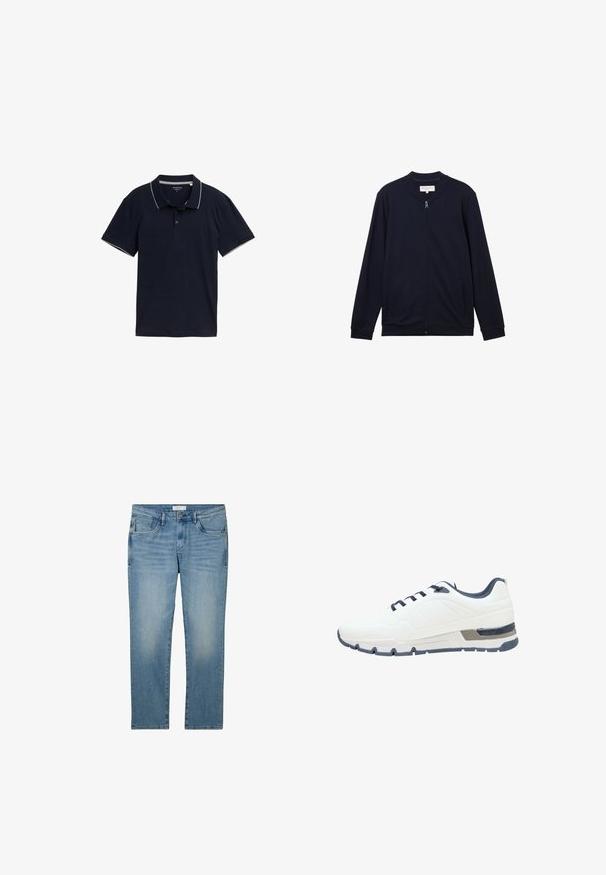 TOM TAILOR DENIM Sudadera con cremallera - sky captain blue; Polo de color azul marino hecho de algodón, con un cuello clásico, tapeta de tres botones y un contraste de ribete gris claro en el cuello y las mangas.; Jeans de mezclilla azul con un diseño de pierna recta, que cuentan con cinco bolsillos y un acabado desgastado. La tela tiene una textura suave y un ligero estiramiento.; Zapato deportivo blanco con acentos en azul marino, parte superior texturizada, seis ojales para los cordones, suela acolchada y un sutil detalle estampado en los costados.