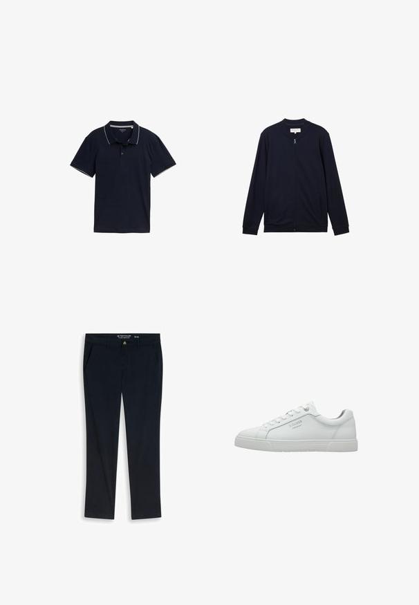 TOM TAILOR DENIM Sweatjakke - sky captain blue; Mørkeblå polo shirt lavet af bomuld, med en klassisk krave, tre-knap lukning og kontrasterende lys grå trim på kraven og ærmerne.; Herre sorte afslappede bukser med forlommer, knaplukning og bæltestropper, størrelse 32x32, mærket Tom Tailor Tt.Josh Regular.; Hvide syntetiske sneakers med en glat overflade, snørebåndsdesign, polstret tunge og præget logo på siden. Flad gummisål.