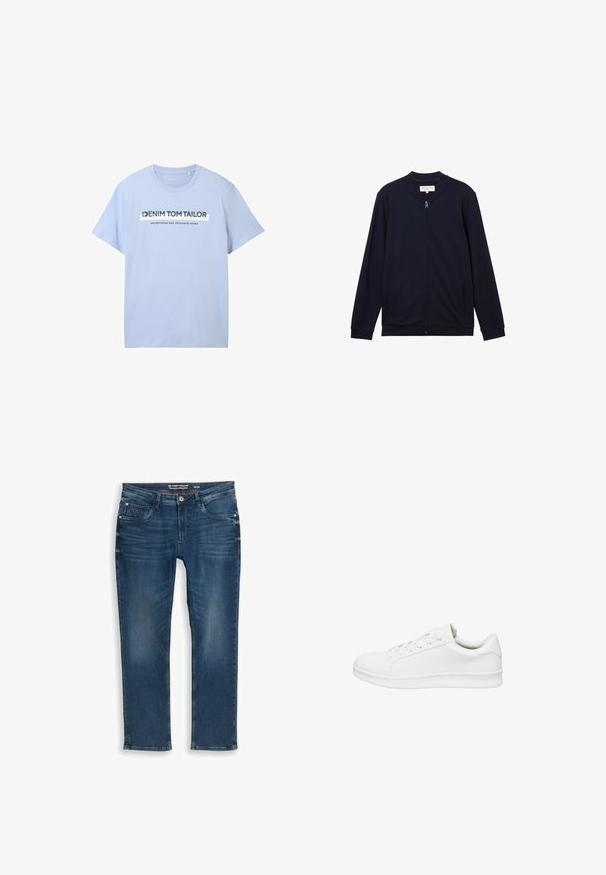 TOM TAILOR DENIM Sweatjakke - sky captain blue; Lysblå bomulds t-shirt med korte ærmer og rund hals. Frontgrafik inkluderer "DENIM TOM TAILOR" og "etableret to tusinde og syv."; Mørkeblå jeans med lige ben lavet af denim. Har forlommer og lynlås foran samt diskret falming og syningsdetaljer ved taljebåndet.; Lavtop hvid sneaker med snørebånd, glat læderoverdel, polstret krave og tyk gummisål, vist i sideprofil på hvid baggrund.