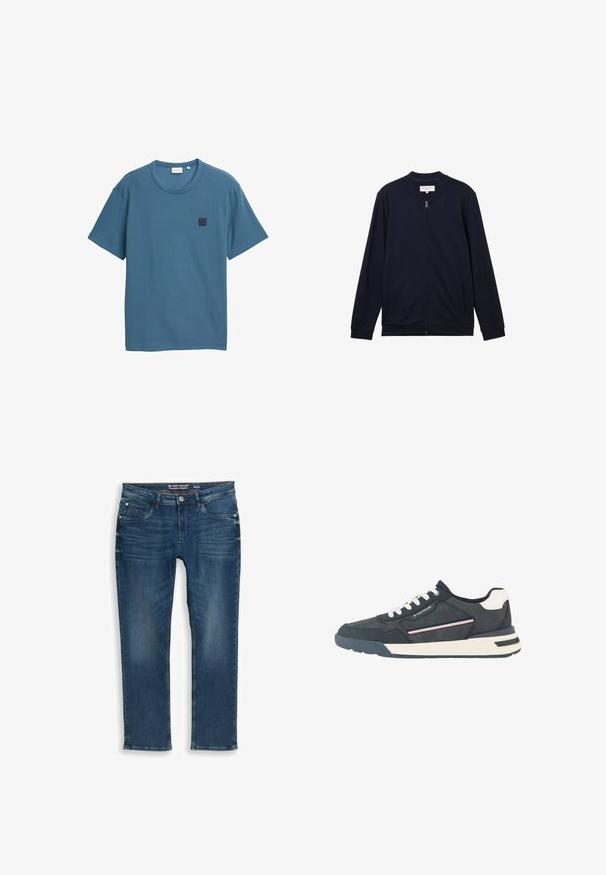 TOM TAILOR DENIM Sweater met rits - sky captain blue; Blauwe korte mouw t-shirt van een textuurstof, met een ronde halslijn en een vierkante logopatch op de linkerbovenborst.; Donkerblauwe jeans met rechte pijpen van denim. Heeft voorzakken en een ritssluiting, met subtiele vervagingen en stikseldetails op de tailleband.; Heren sneaker in marineblauw en wit met witte veters, geperforeerde neus, gestreept zijdetail en merkaccent op het zijpaneel.