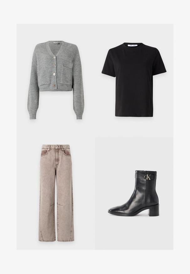 DRYKORN COOPIE - Cardigan - grey; Sort t-shirt med korte ærmer fremstillet af blødt bomuld, med rund halsudskæring, afslappet pasform og en glat overflade. Ingen synlige mønstre eller grafik.; Bredde bukser med høj talje i lys brun denim, med subtil tekstur, fem-lomme design og synlig syning.; Sort læder ankelstøvle med spids tå, blokhæl og en rem med en metallisk logo detalje. Glat tekstur og minimalistisk design.