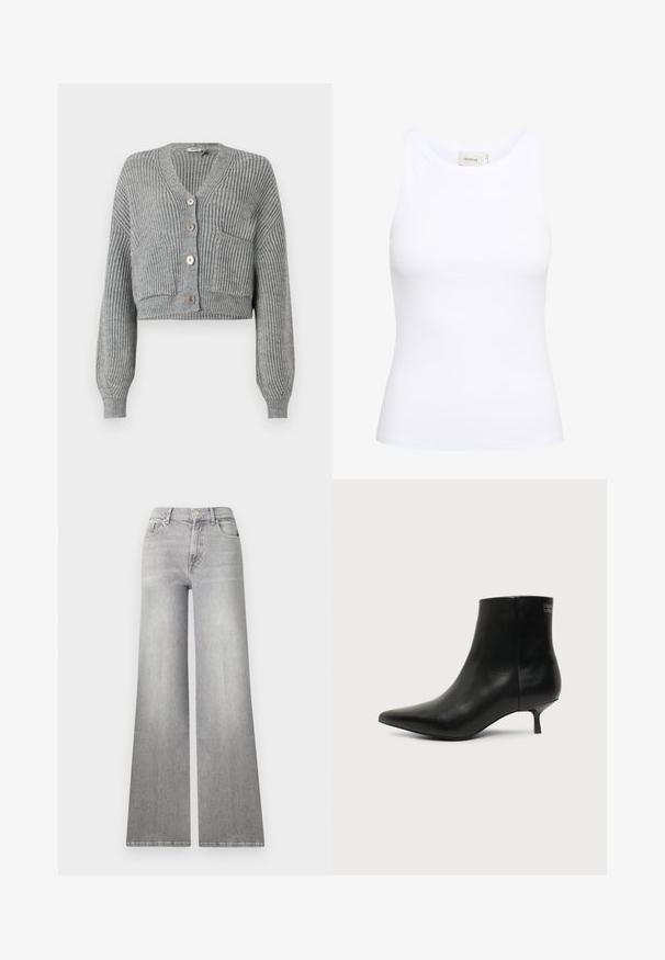 DRYKORN COOPIE - Strickjacke - grey; Weißes, geripptes Tanktop mit Rundhalsausschnitt und ohne Ärmel. Elastisches Material und figurbetontes Design. Das Etikett auf der Rückseite trägt die Aufschrift "GESTUZ."; Weite graue Denim-Jeans mit einem verwaschenen Finish, Vordertasche und Knopfverschluss. Sie verfügen über ein gerades Bein und einen klassischen Saum.; Schwarzer Leder-Knöchel-Stiefel mit spitzer Spitze und niedrigem Kittenabsatz vor hellem Hintergrund, seitliche Ansicht.