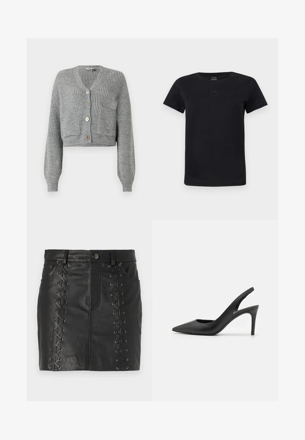 DRYKORN COOPIE - Gilet - grey; T-shirt noir à manches courtes et col rond avec un petit logo discret centré près de l'encolure.; Mini-jupe en cuir noir avec un laçage sur les côtés agrémenté d'œillets en métal, design à cinq poches et silhouette ajustée.; Escarpins à talon aiguille en cuir noir, avec un design à bout pointu, présentant une découpure à l'avant et un talon fin.