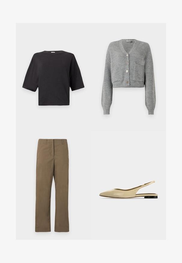 DRYKORN COOPIE - Gilet - grey; T-shirt noir raccourci en coton, avec un col rond et des manches courtes au fit décontracté. Texture lisse, sans motifs ni accents.; Pantalons droits marron en tissu mélangé de coton. Comprend des passants de ceinture, une poche avant et une texture lisse sans motifs.; Chaussure plate beige à bout pointu avec bride arrière, petit talon noir et finition en cuir lisse, vue de côté sur un fond uni.