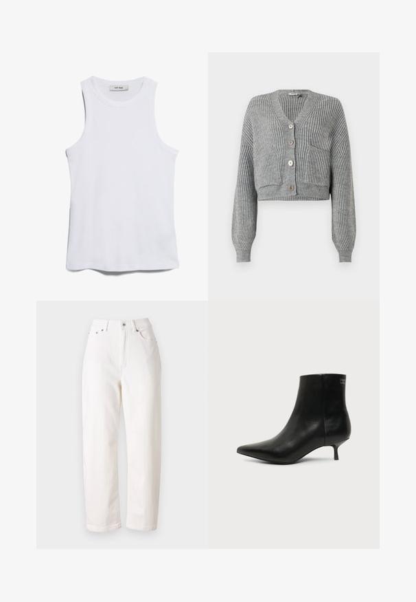 DRYKORN COOPIE - Gilet - grey; Débardeur blanc à côtes, avec un col rond et de larges emmanchures. Présente une texture lisse et un ourlet droit. L'étiquette indique "IVY OAK."; Jean en denim blanc avec une coupe droite, taille haute, fermeture éclair et bouton métallique. Comprend cinq poches et une couture discrète.; Bottine en cuir noir avec bout pointu et petit talon kitten sur fond clair, vue côté extérieur.