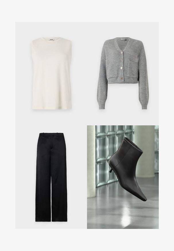 DRYKORN COOPIE - Cardigan - grey; Ærmeløs top i lys beige stof med rund halsudskæring og en afslappet pasform. Glat tekstur uden dekorationer eller mønstre.; Sorte brede bukser lavet af et letvægts, struktureret stof. Har en glat talje med bæltestropper og en lige, flydende silhuet.; Sort læderankelstøvle med spids tå og lille hæl vist mod en væg af glasblokke og poleret gulv baggrund.