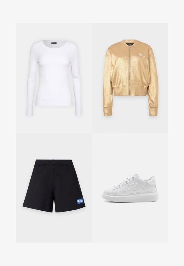 Veste bomber en métal doré avec fermeture éclair sur le devant, poignets et ourlet côtelés, poches latérales et "Karl" brodé sur la poitrine gauche.; T-shirt à manches longues blanc côtelé avec un col rond. Fabriqué en un tissu extensible qui épouse le corps. Présente de fines lignes horizontales.; Shorts noirs à coupe décontractée, avec une taille élastique et un logo "HUGO" bleu sur la cuisse gauche ; fabriqués à partir d'un matériau doux et respirant.; Basket blanche avec un dessus en cuir lisse, bout arrondi et semelle en caoutchouc surélevée. Présente un logo en relief "Karl" et des œillets argentés.