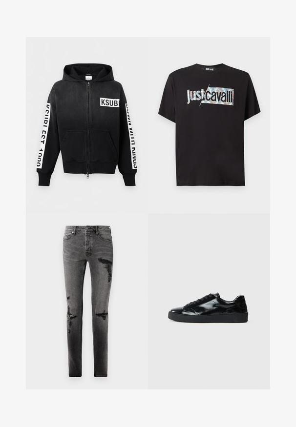 Schwarzer Kapuzenpullover mit Reißverschluss, Vordertaschen, weißem "KSUBI"-Logo auf der Brust und weißen Textstreifen auf beiden Ärmeln.; Schwarzes T-Shirt mit kurzen Ärmeln und „Just Cavalli“-Logo, das vorn in der Mitte teilweise mit einem bunten Blumenmuster gefüllt ist.; Schwarze Denim-Jeans mit Rissdetails, schlankem Schnitt, fünf Taschen und klassischem Reißverschluss. Abgetragenes Aussehen mit verblassten Stellen.; Schwarze Lackledersneaker mit runder Zehenform, Schnürdesign, strukturiertem Gummisohle und glatter Oberfläche.