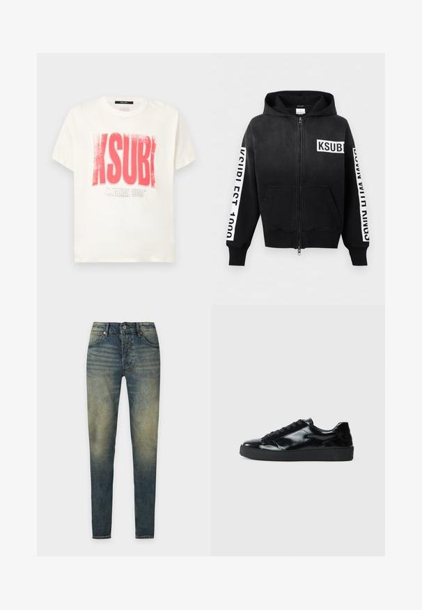 Sweat à capuche noir avec fermeture éclair, poches avant, logo "KSUBI" blanc sur la poitrine et bandes de texte blanches sur les deux manches.; T-shirt en coton blanc avec texte graphique rouge vif "KSUBI" et "ORIGINAL 1999" en gris en dessous. Coupe droite, manches courtes.; Jean slim bleu avec des zones décolorées aux cuisses et aux genoux, poches avant, fermeture par boutons et passants de ceinture sur fond uni.; Baskets en cuir verni noir avec un bout arrondi, un laçage, une semelle en caoutchouc texturé et une finition lisse.