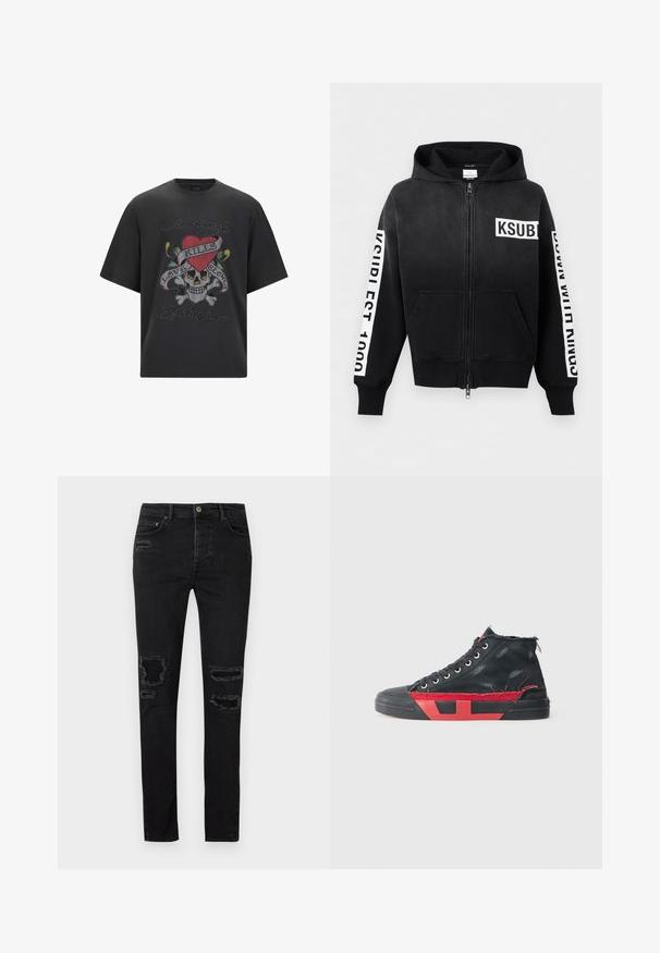 Zwarte hoodie met ritssluiting, voorzakken, wit "KSUBI"-logo op de borst en witte tekststrepen op beide mouwen.; Zwart graphic t-shirt met een schedel, een rode hart en de tekst "Love Kills", versierd met kleurrijke rhinestones en een losse pasvorm.; Zwarte denim jeans met een slim fit, voorzien van versleten scheuren bij de knieën, tonale stiksels en een klassieke knoop- en ritsluiting.; Zwarte hoge sneakers met rode accenten en een versleten afwerking. Heeft een gestructureerde canvas bovenkant en een rubberen zool met uitsnijdingen.