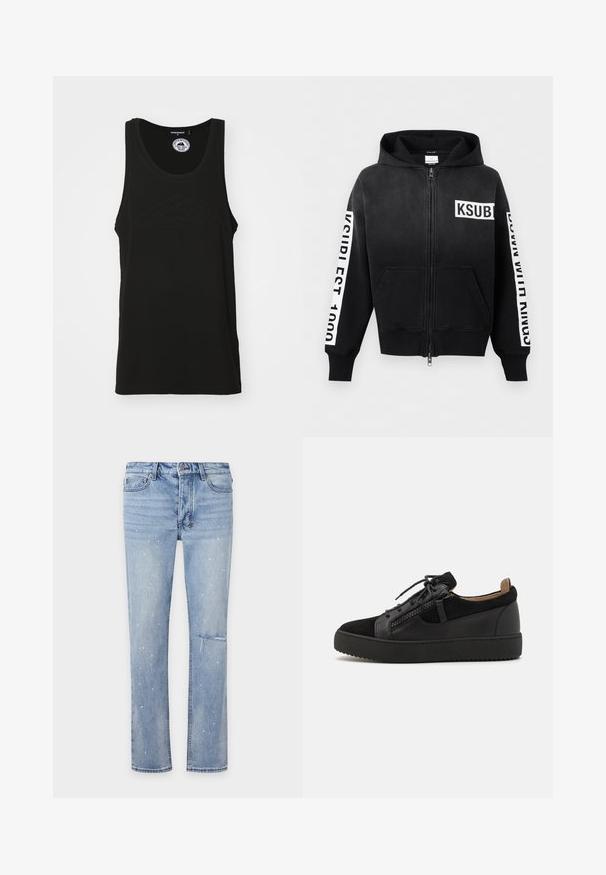 Sort lynlåshoodie med forlommer, hvidt "KSUBI"-logo på brystet og hvide tekststriber på begge ærmer.; Sort ærmeløs tank top lavet af bomuld med en rund halsudskæring og prægede logo detaljer foran. Rent, minimalisk design.; Lyseblå jeans med lige ben med malesprøjt detaljer og en lille slidt rift på højre lår, frontudsigt på hvid baggrund.; Giuseppe Zanotti DOUBLE ZIP - Sneakers - black