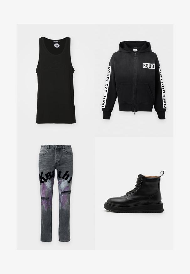 Sudadera con capucha negra con cremallera, bolsillos delanteros, logo blanco "KSUBI" en el pecho y franjas de texto blancas en ambas mangas.; Camiseta sin mangas negra hecha de algodón con escote redondo y detalle de logo en relieve en la parte frontal. Diseño limpio y minimalista.; Vaqueros de mezclilla gris con texto gótico negro a lo largo de los muslos, gráfico de ángel en púrpura y blanco, y desgarrones desgastados en las rodillas.; Sneaky Steve SLACK - Botines con cordones - black